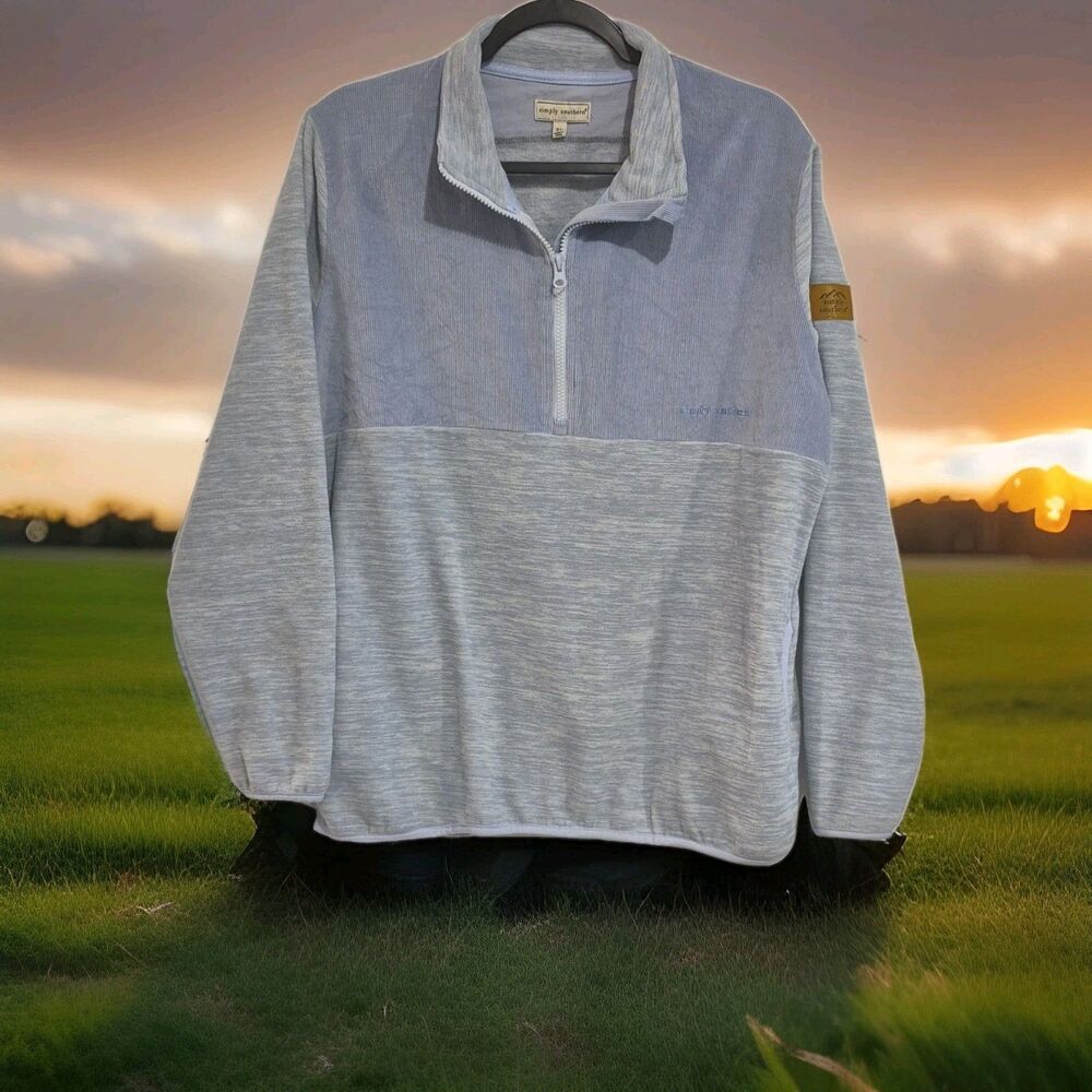 Simply Southern Corduroy Pullover Sweater Quarter Zip Logo Patch Light Blue XL